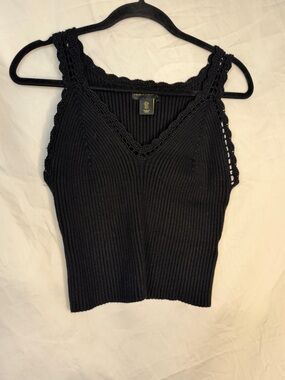House of Harlow 1960 Black Ribbed Crochet-Trim Tank Top